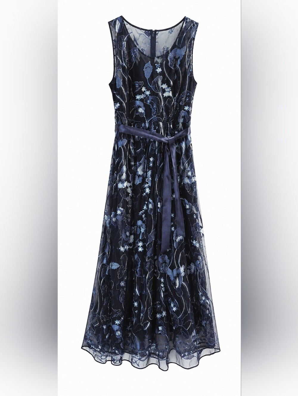 QVC Navy Blue Floral Embroidered Tulle Maxi Dress Size 14 Formal Evening